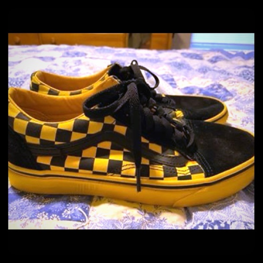 Vans-checkered with suede accents.